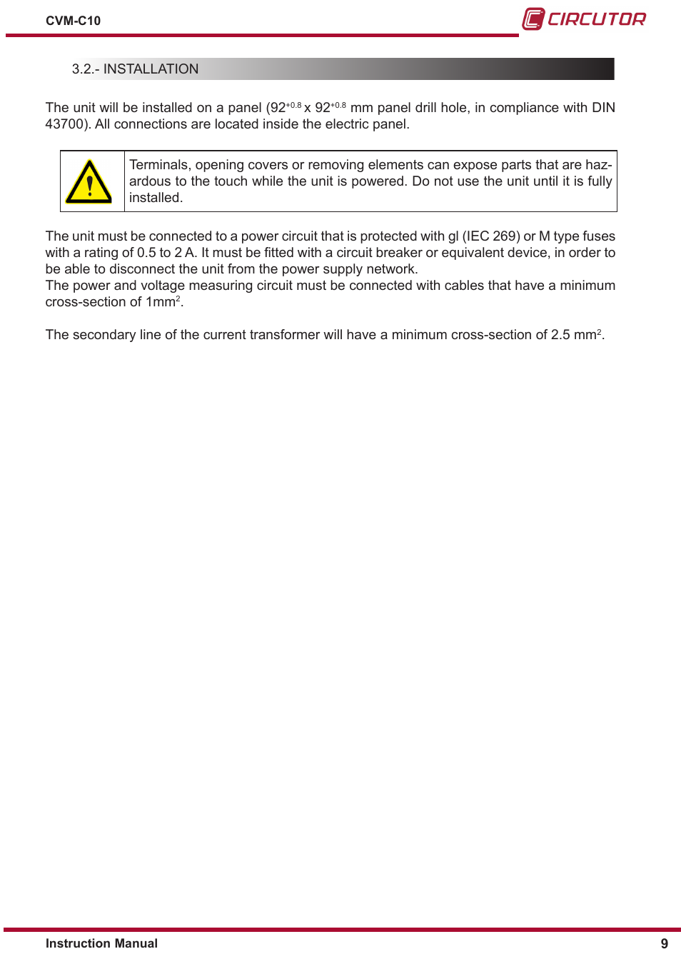 Installation | CIRCUTOR CVM-C10 Series User Manual | Page 9 / 82