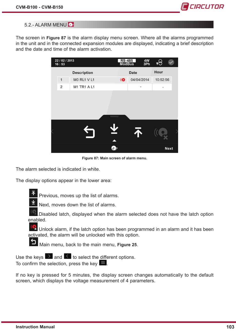 Alarm menu, 5�2�- alarm menu | CIRCUTOR CVM-B Series User Manual | Page 103 / 320