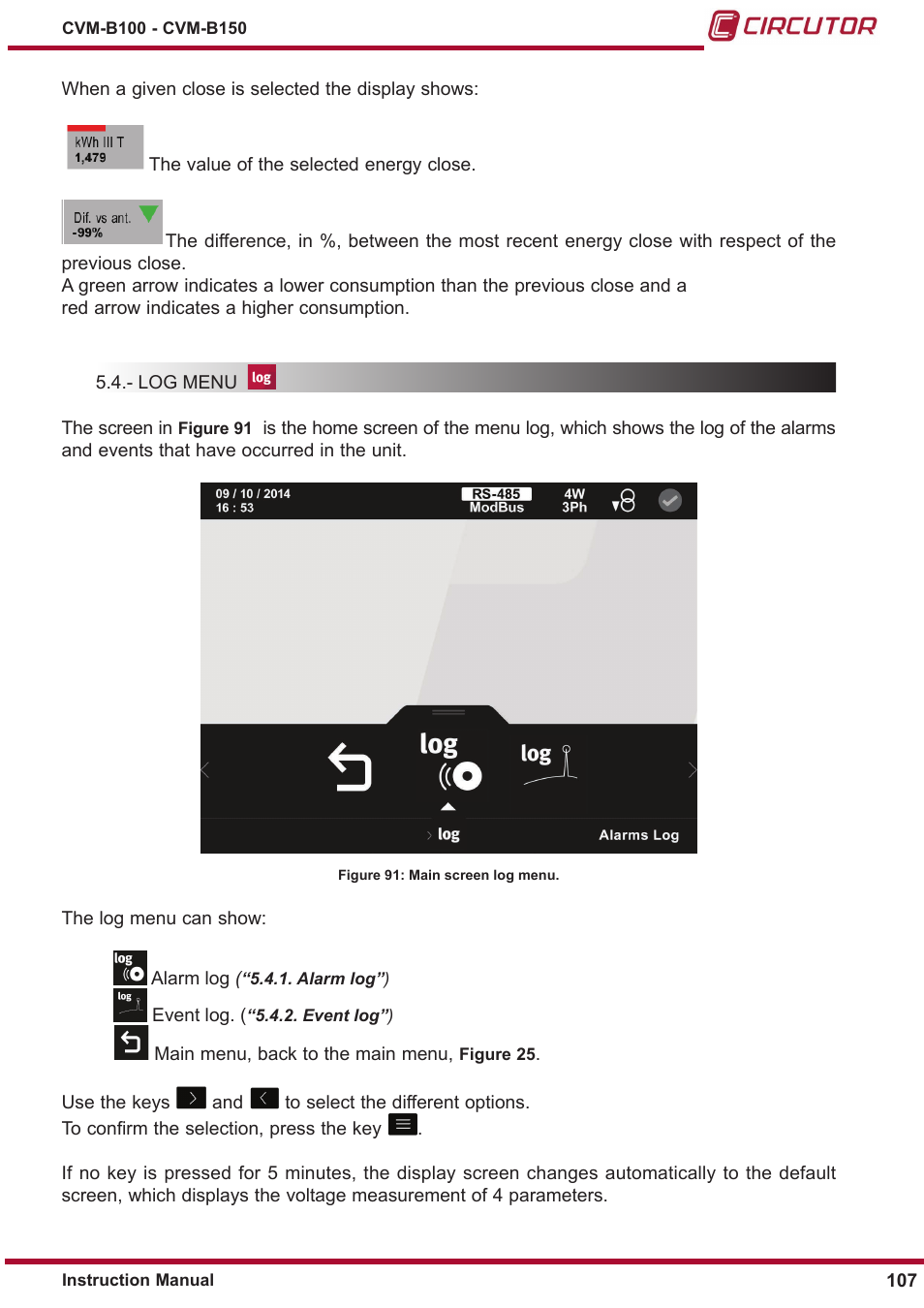 Log menu, 5�4�- log menu | CIRCUTOR CVM-B Series User Manual | Page 107 / 320