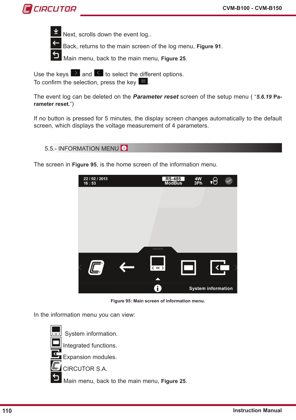 Information menu, 5�5�- information menu | CIRCUTOR CVM-B Series User Manual | Page 110 / 320