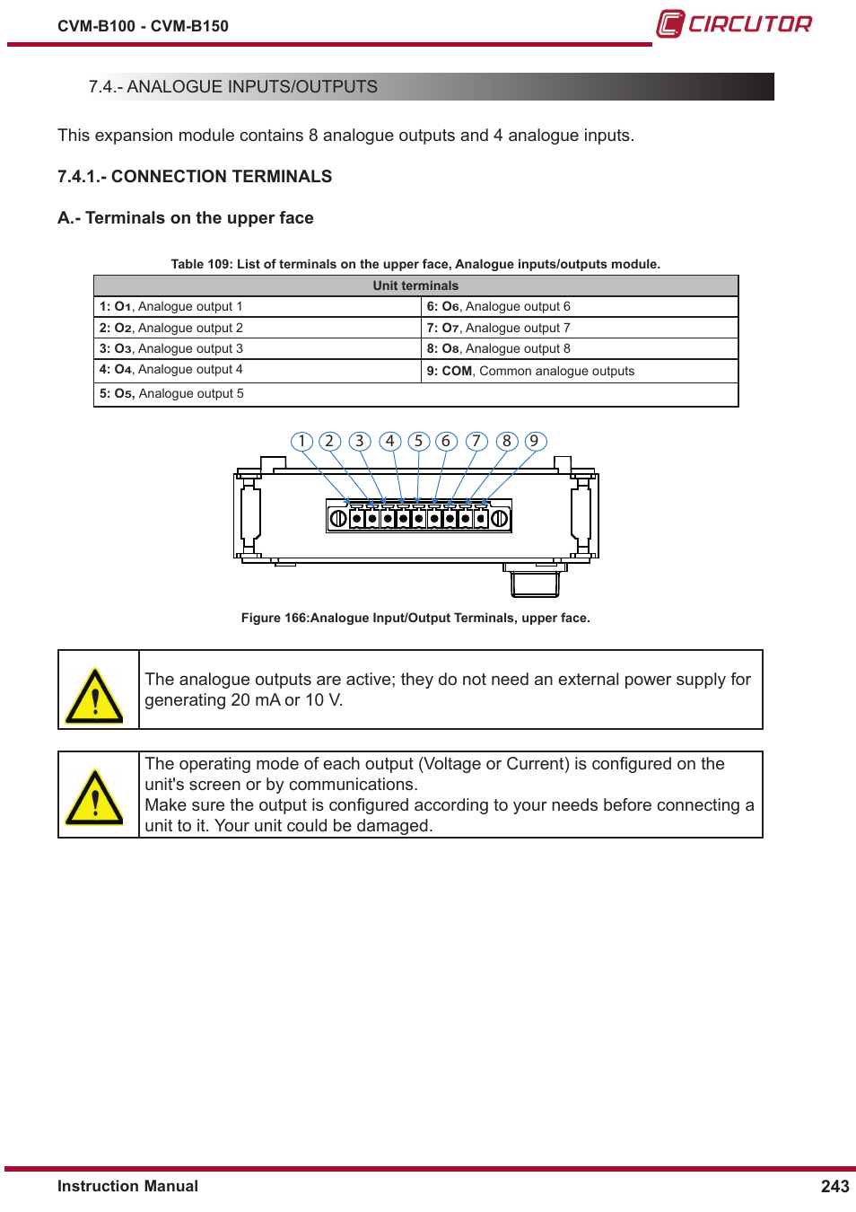 Connection terminals | CIRCUTOR CVM-B Series User Manual | Page 243 / 320