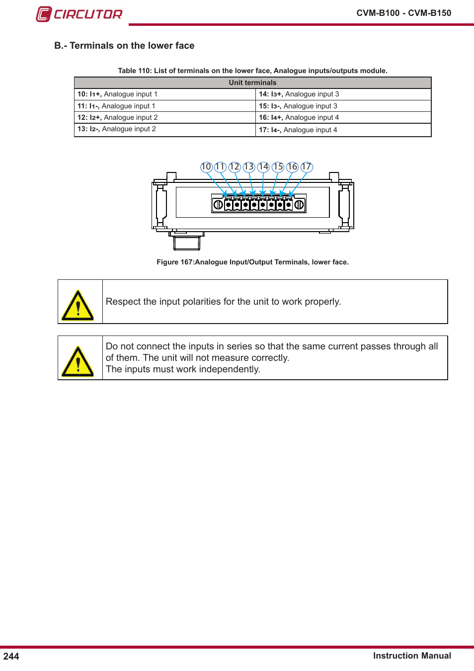 B�- terminals on the lower face | CIRCUTOR CVM-B Series User Manual | Page 244 / 320