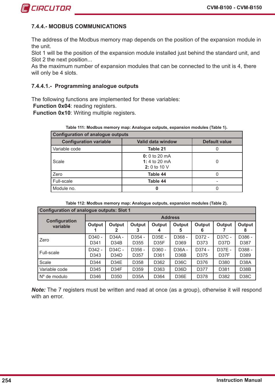 Modbus communications | CIRCUTOR CVM-B Series User Manual | Page 254 / 320