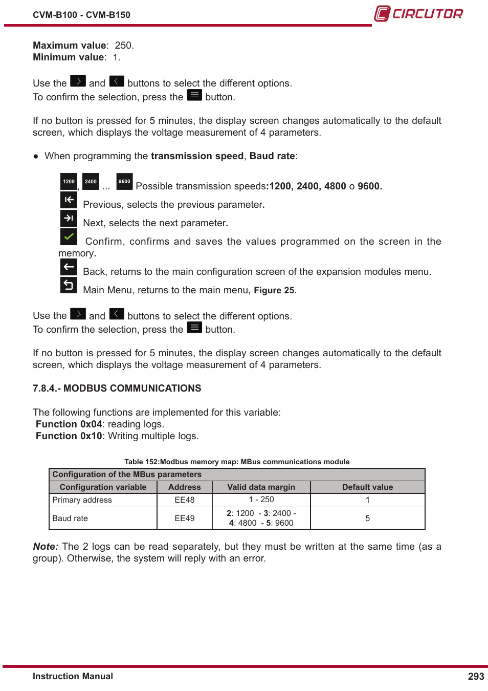 Modbus communications | CIRCUTOR CVM-B Series User Manual | Page 293 / 320