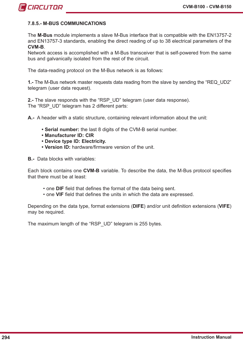 M-bus communications | CIRCUTOR CVM-B Series User Manual | Page 294 / 320