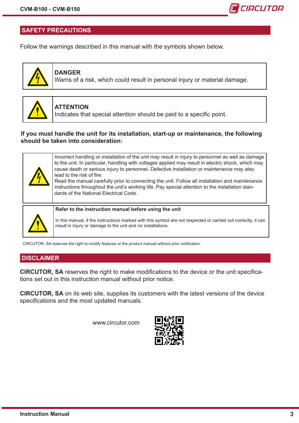 Safety precautions, Disclaimer | CIRCUTOR CVM-B Series User Manual | Page 3 / 320