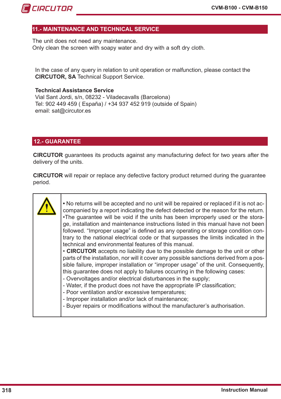 Maintenance and technical service, Guarantee | CIRCUTOR CVM-B Series User Manual | Page 318 / 320