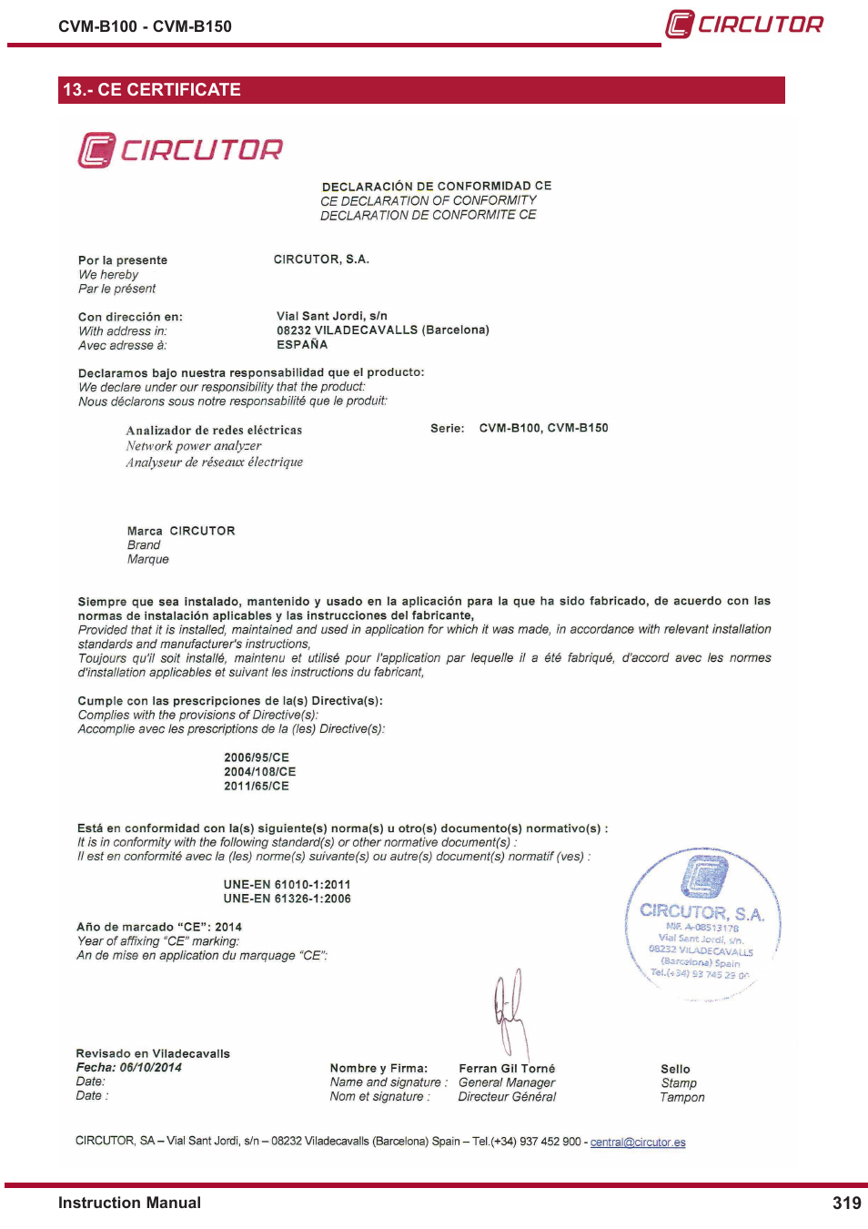 Ce certificate | CIRCUTOR CVM-B Series User Manual | Page 319 / 320