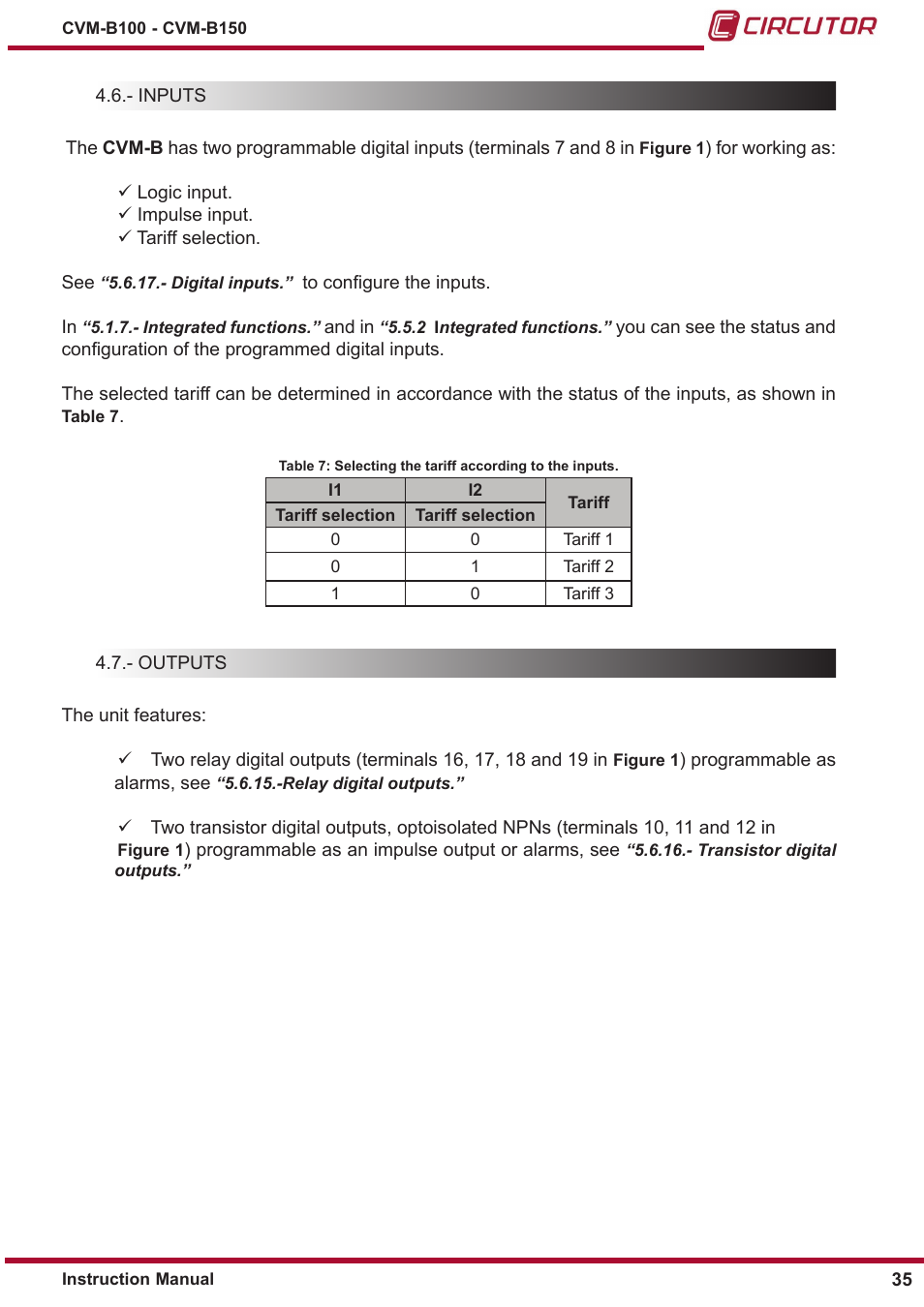 Inputs, Outputs | CIRCUTOR CVM-B Series User Manual | Page 35 / 320