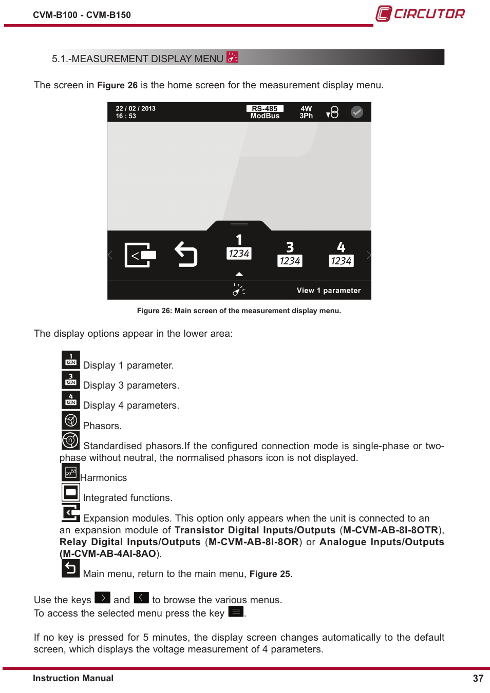 Measurement display menu, 5�1�-measurement display menu | CIRCUTOR CVM-B Series User Manual | Page 37 / 320