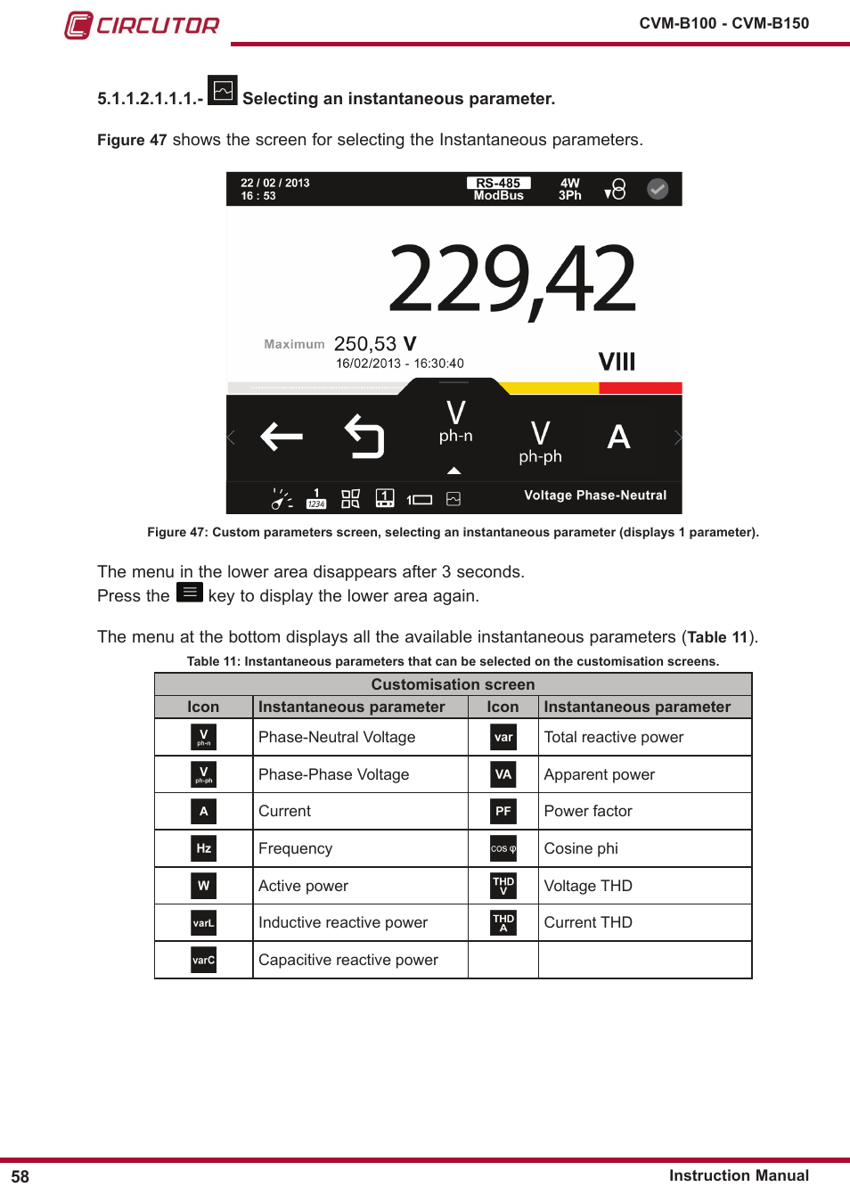 Selecting an instantaneous, Parameter | CIRCUTOR CVM-B Series User Manual | Page 58 / 320