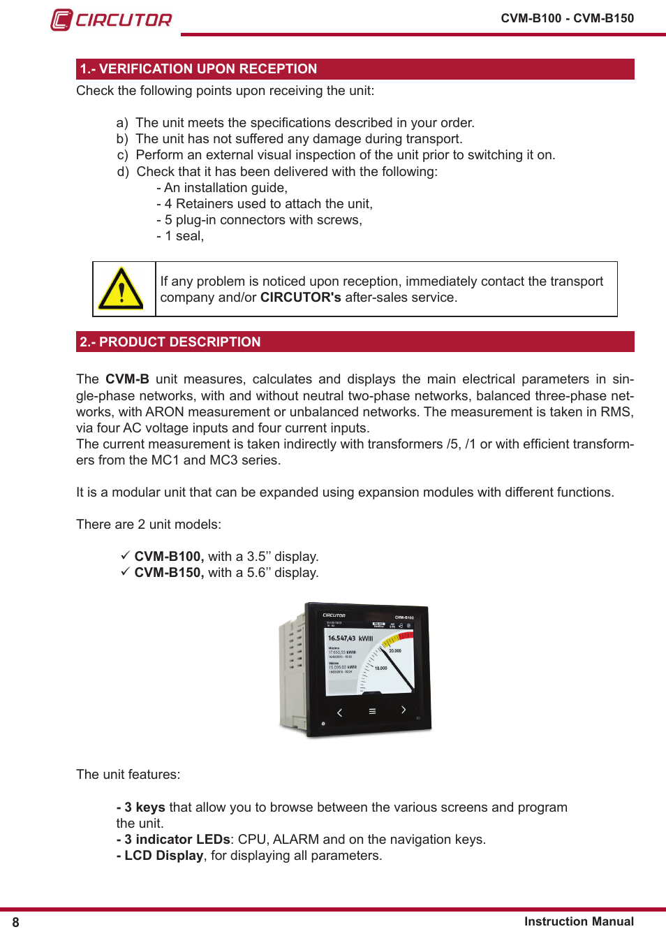 Verification upon reception, Product description | CIRCUTOR CVM-B Series User Manual | Page 8 / 320