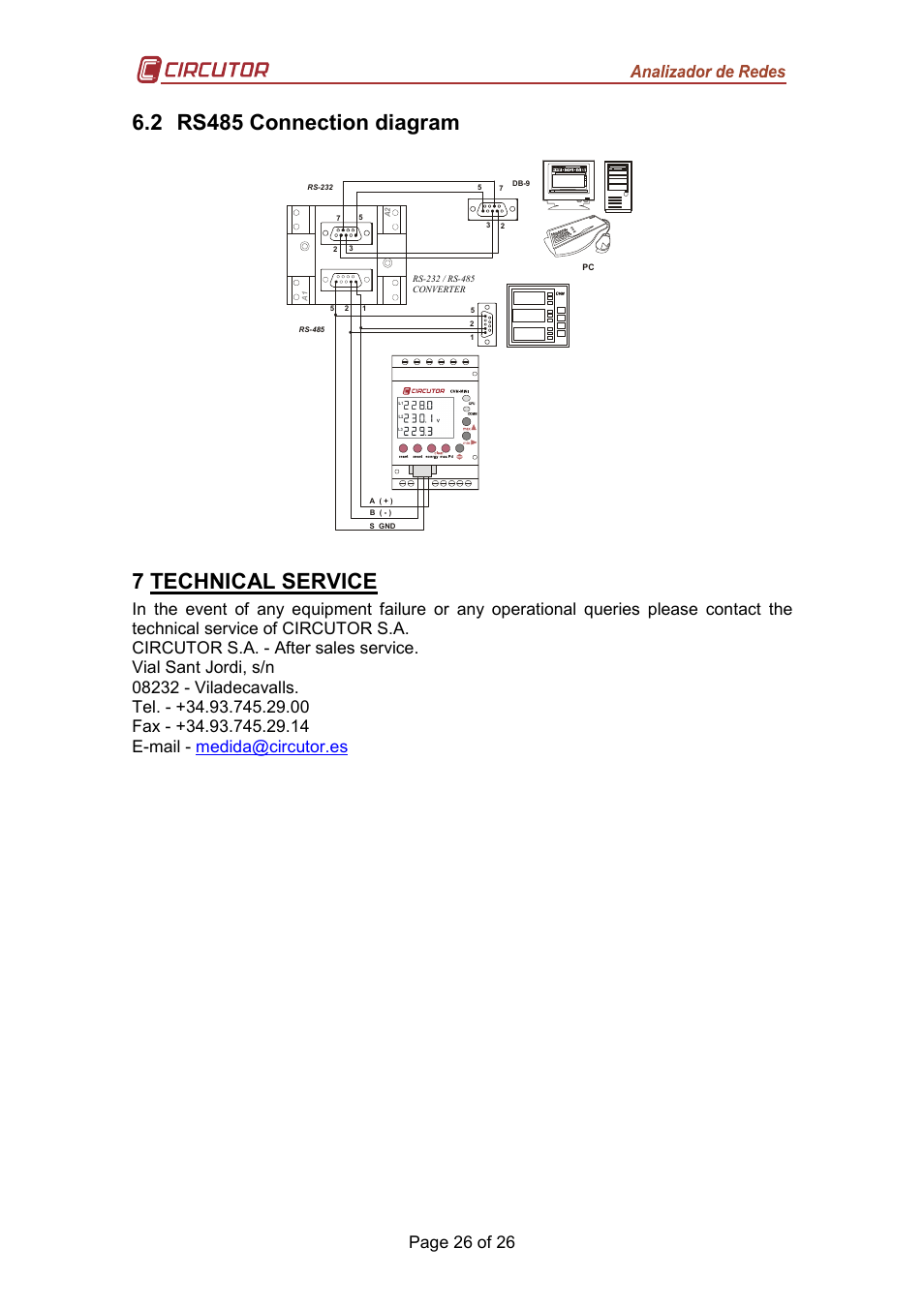 2 rs485 connection diagram, 7 technical service, Page 26 of 26 | CIRCUTOR CVM-MINI Series User Manual | Page 26 / 26