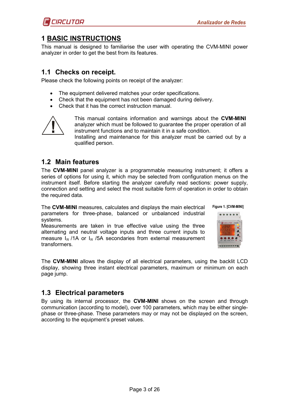 1 basic instructions, 1 checks on receipt, 2 main features | 3 electrical parameters | CIRCUTOR CVM-MINI Series User Manual | Page 3 / 26