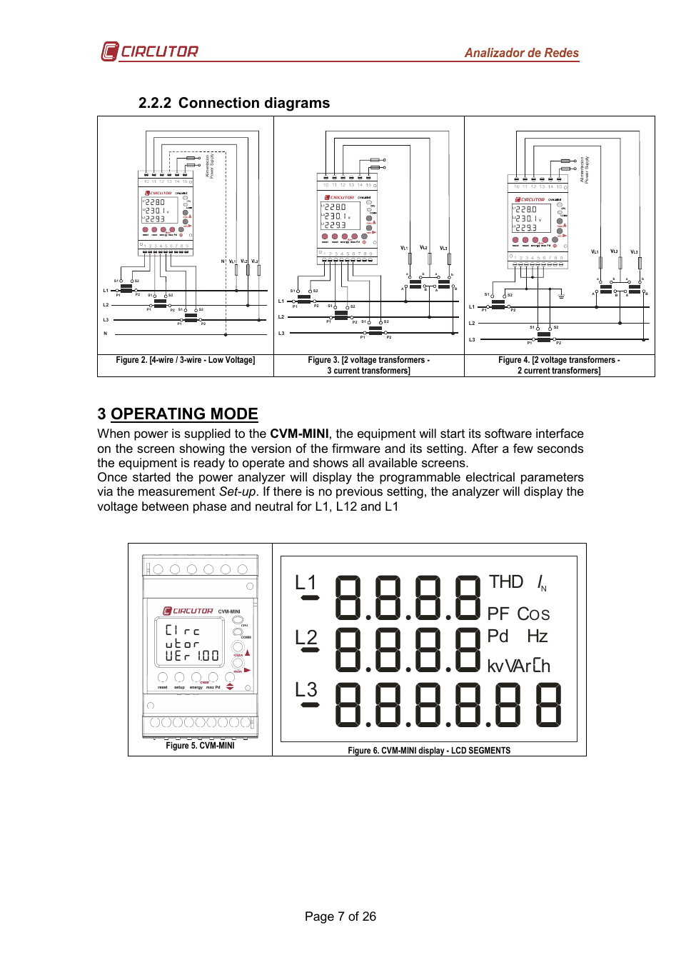 L1 l2 l3, Thd pf, Pd kvvar =h hz | 3 operating mode, 2 connection diagrams, Page 7 of 26, Cl] onil o?l | CIRCUTOR CVM-MINI Series User Manual | Page 7 / 26