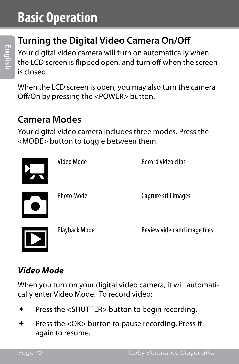 Basic operation, Turning the digital video camera on/off, Camera modes | COBY electronic SNAPP CAM4000 User Manual | Page 10 / 120