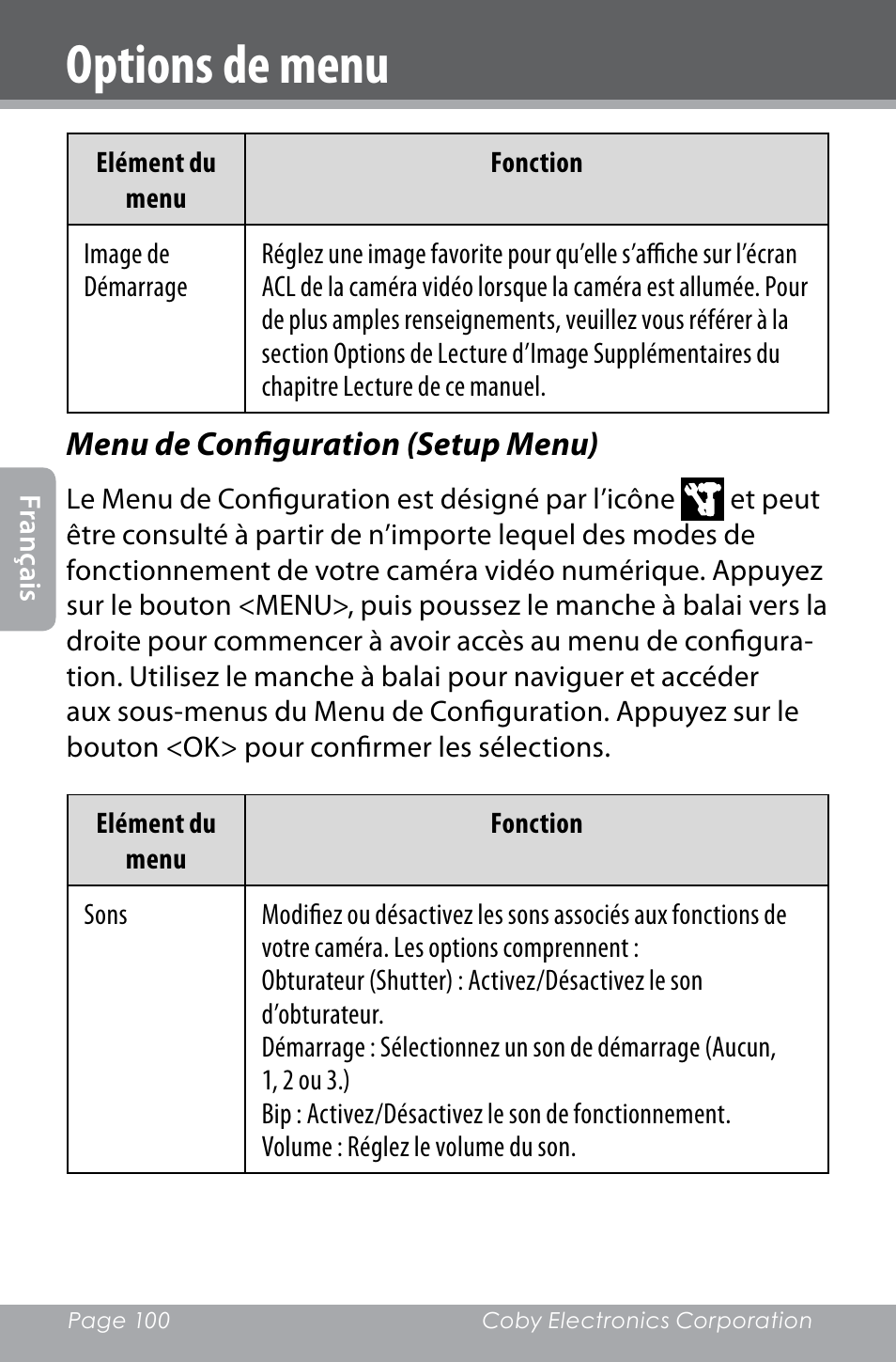 Options de menu | COBY electronic SNAPP CAM4000 User Manual | Page 100 / 120