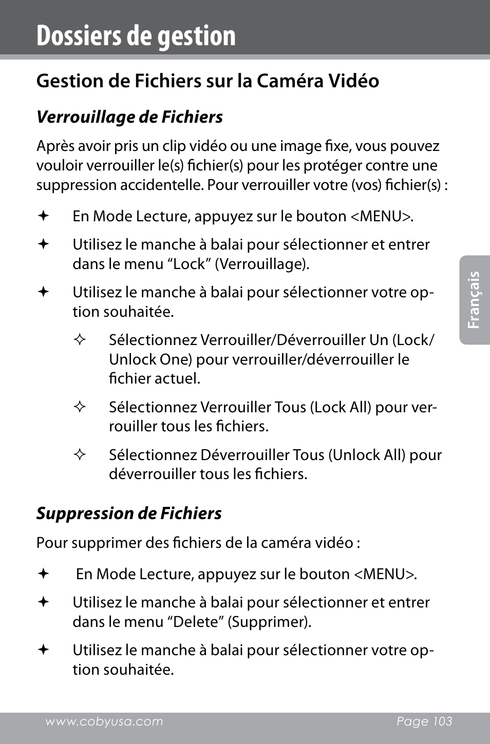 Dossiers de gestion, Gestion de fichiers sur la caméra vidéo | COBY electronic SNAPP CAM4000 User Manual | Page 103 / 120