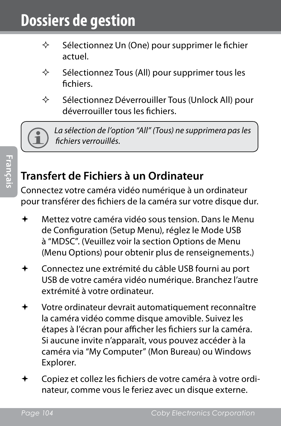 Dossiers de gestion, Transfert de fichiers à un ordinateur | COBY electronic SNAPP CAM4000 User Manual | Page 104 / 120