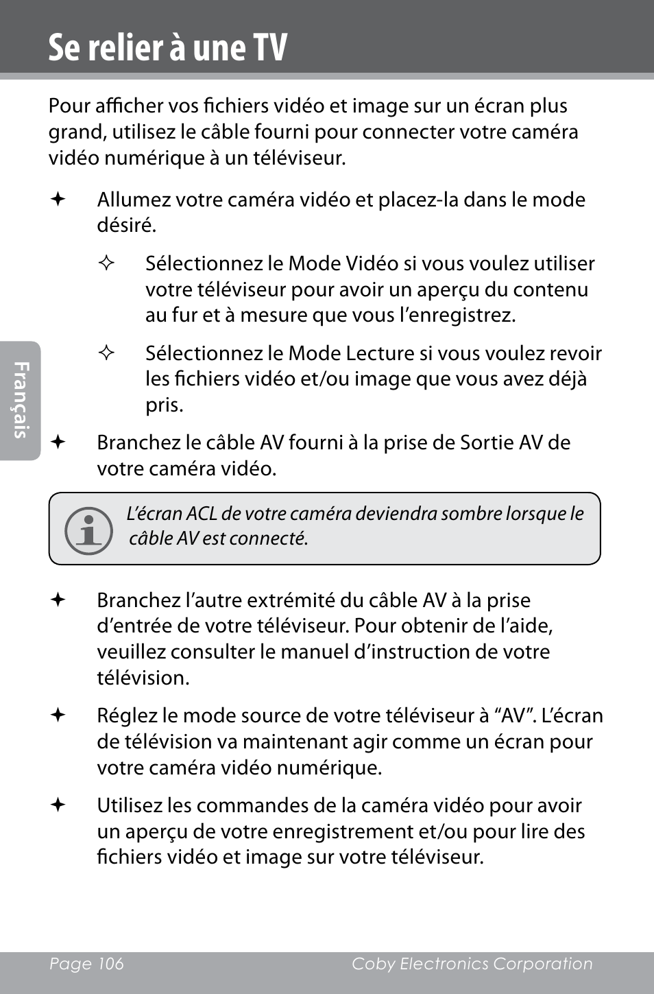 Se relier à une tv | COBY electronic SNAPP CAM4000 User Manual | Page 106 / 120