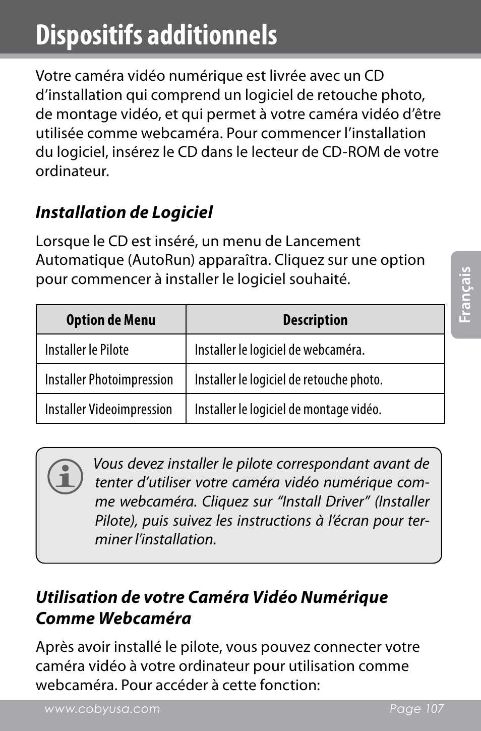 Dispositifs additionnels | COBY electronic SNAPP CAM4000 User Manual | Page 107 / 120