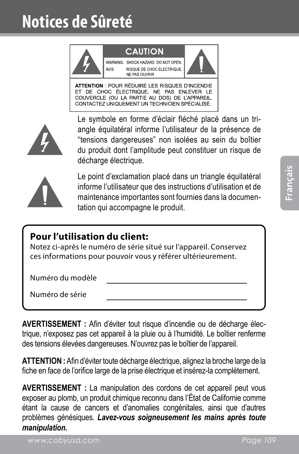 Notices de sûreté | COBY electronic SNAPP CAM4000 User Manual | Page 109 / 120