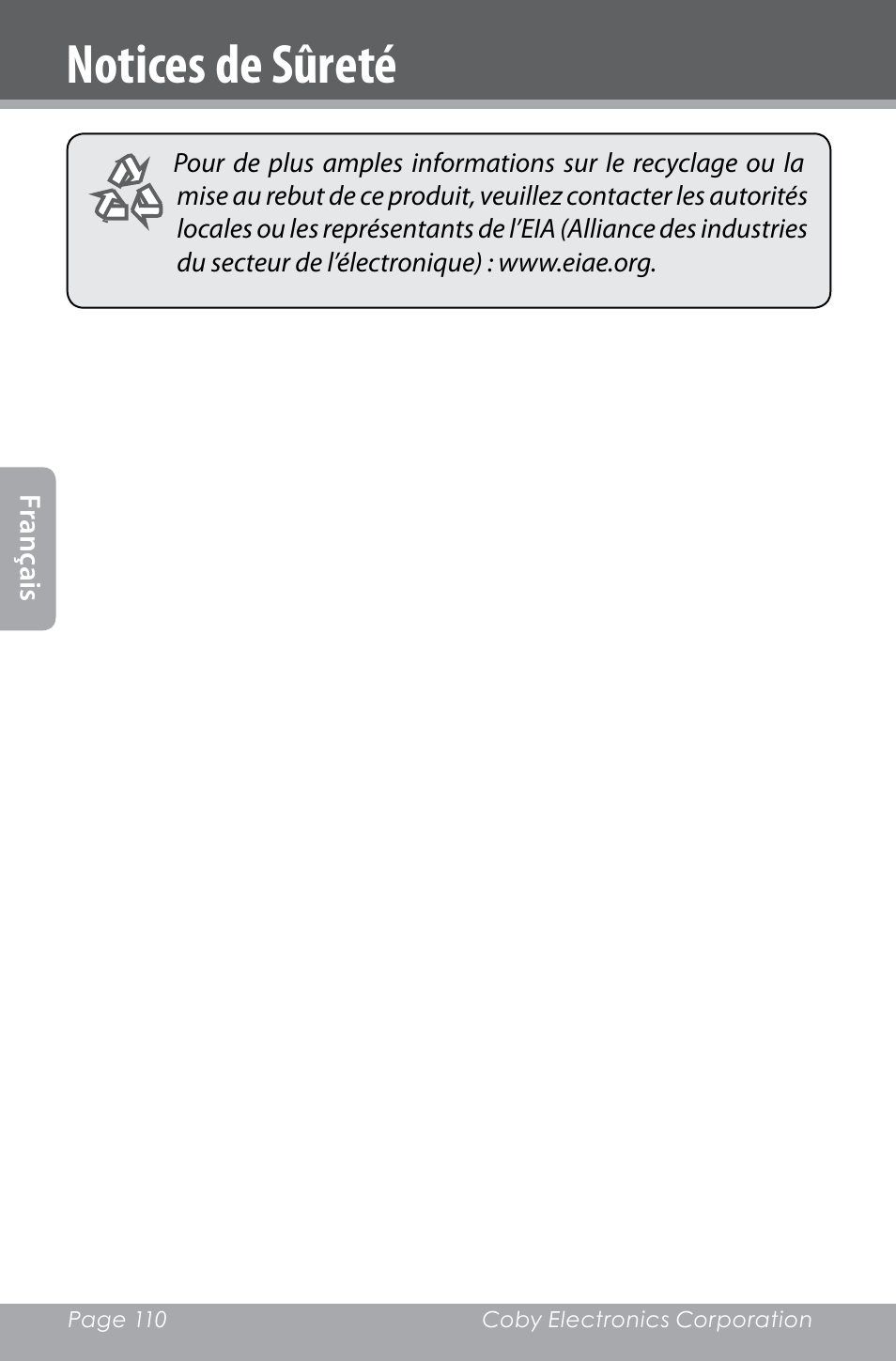 Notices de sûreté | COBY electronic SNAPP CAM4000 User Manual | Page 110 / 120