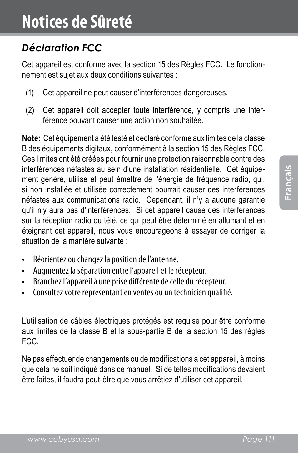 Notices de sûreté | COBY electronic SNAPP CAM4000 User Manual | Page 111 / 120