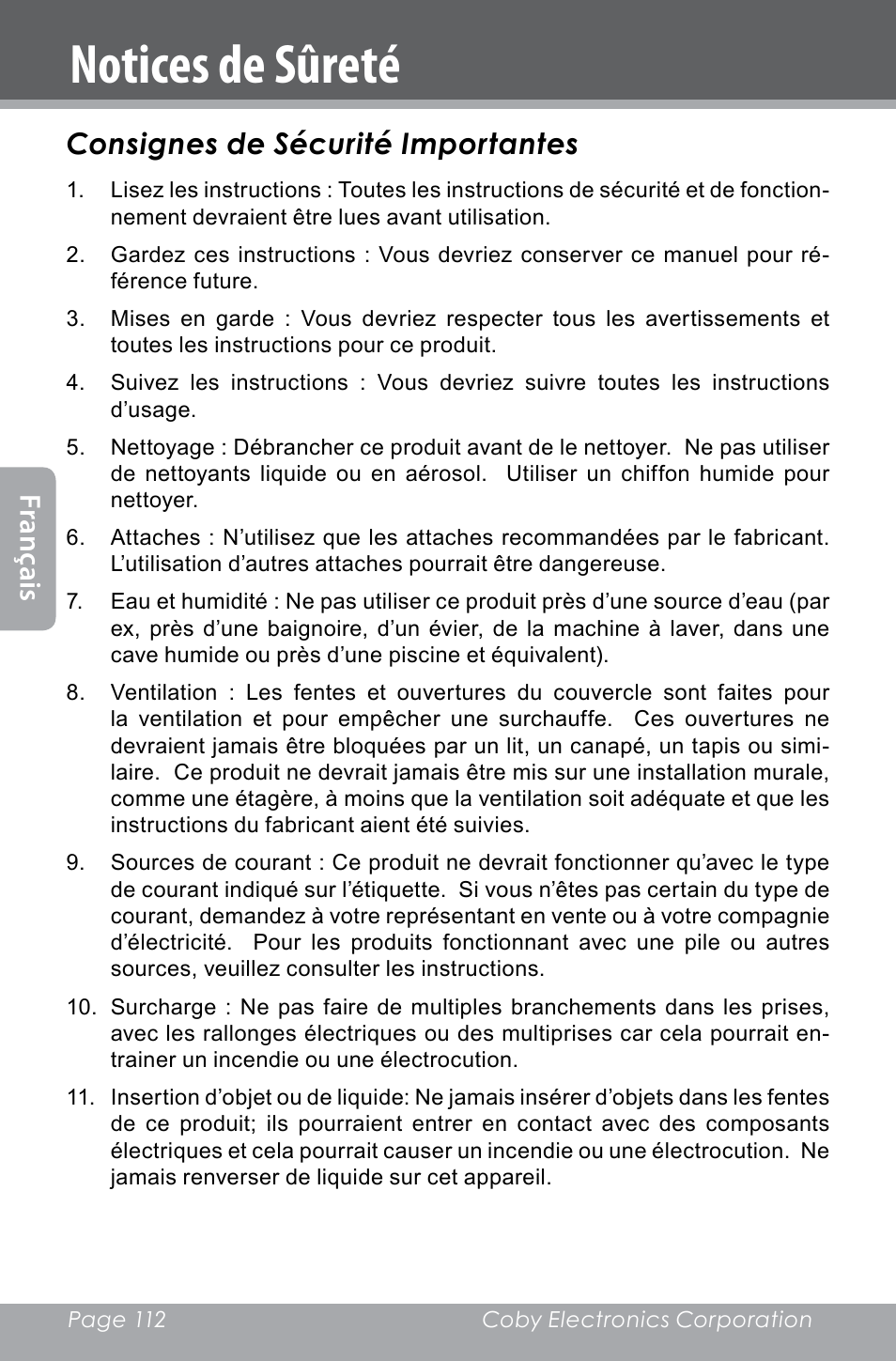 Notices de sûreté, Fran ça is, Consignes de sécurité importantes | COBY electronic SNAPP CAM4000 User Manual | Page 112 / 120