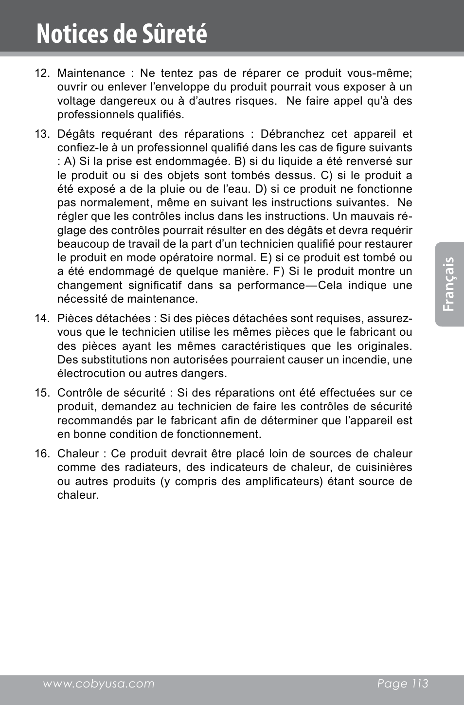 Notices de sûreté, Fran ça is | COBY electronic SNAPP CAM4000 User Manual | Page 113 / 120