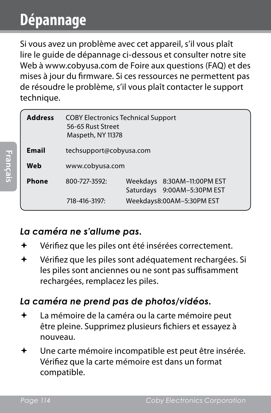 Dépannage | COBY electronic SNAPP CAM4000 User Manual | Page 114 / 120