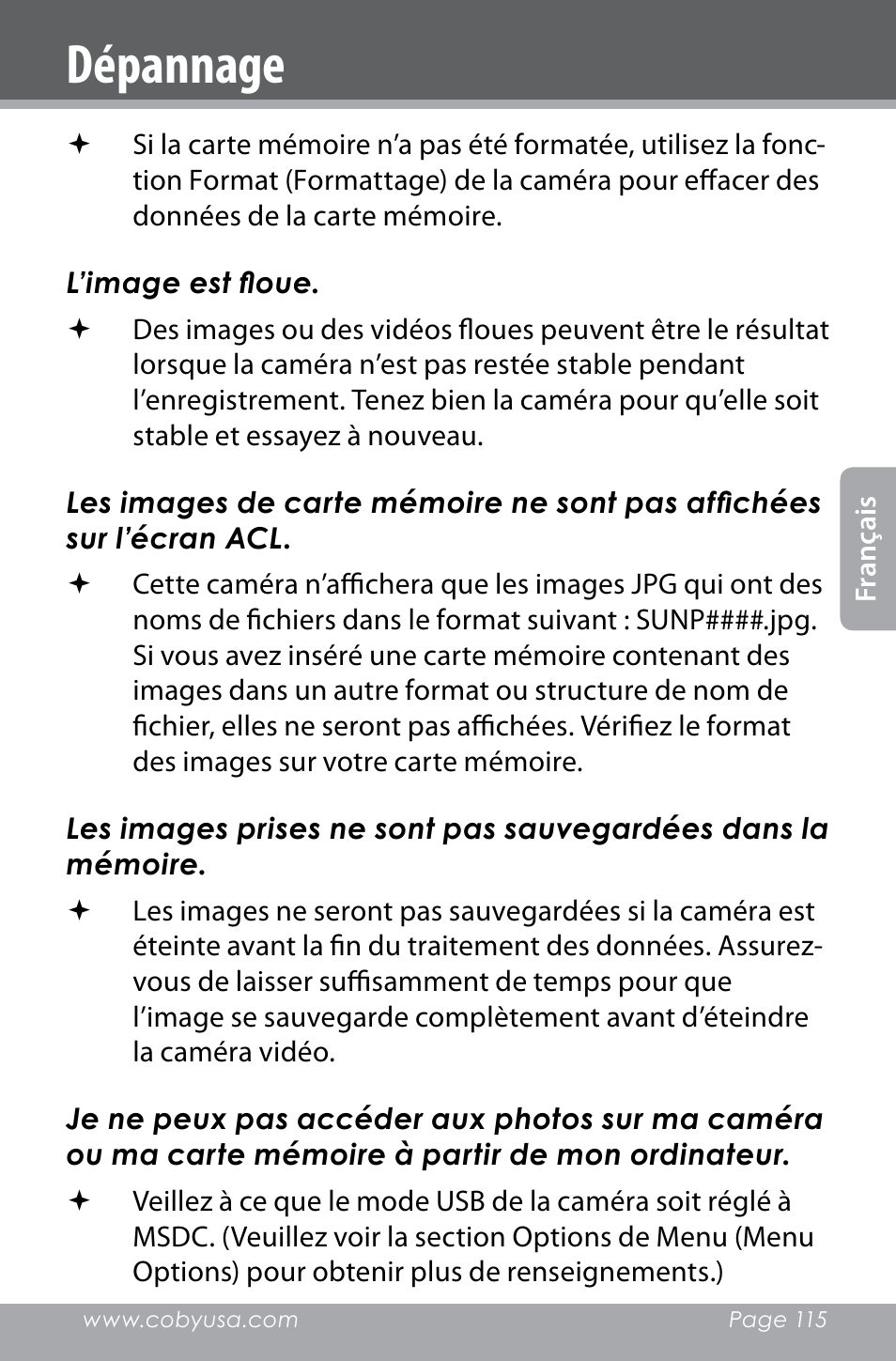 Dépannage | COBY electronic SNAPP CAM4000 User Manual | Page 115 / 120