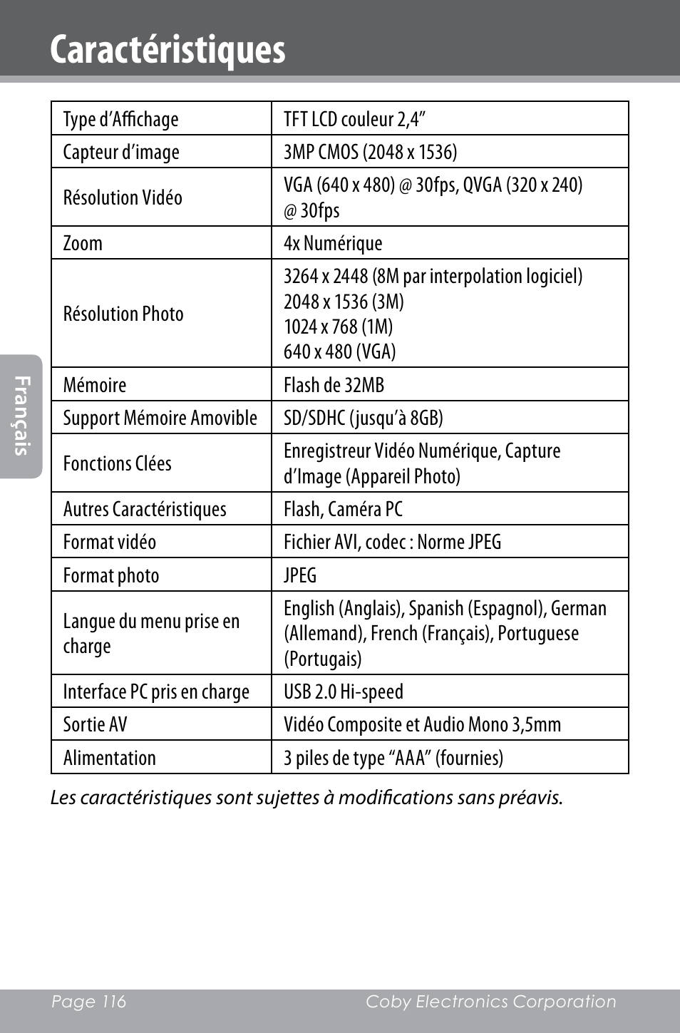 Caractéristiques | COBY electronic SNAPP CAM4000 User Manual | Page 116 / 120