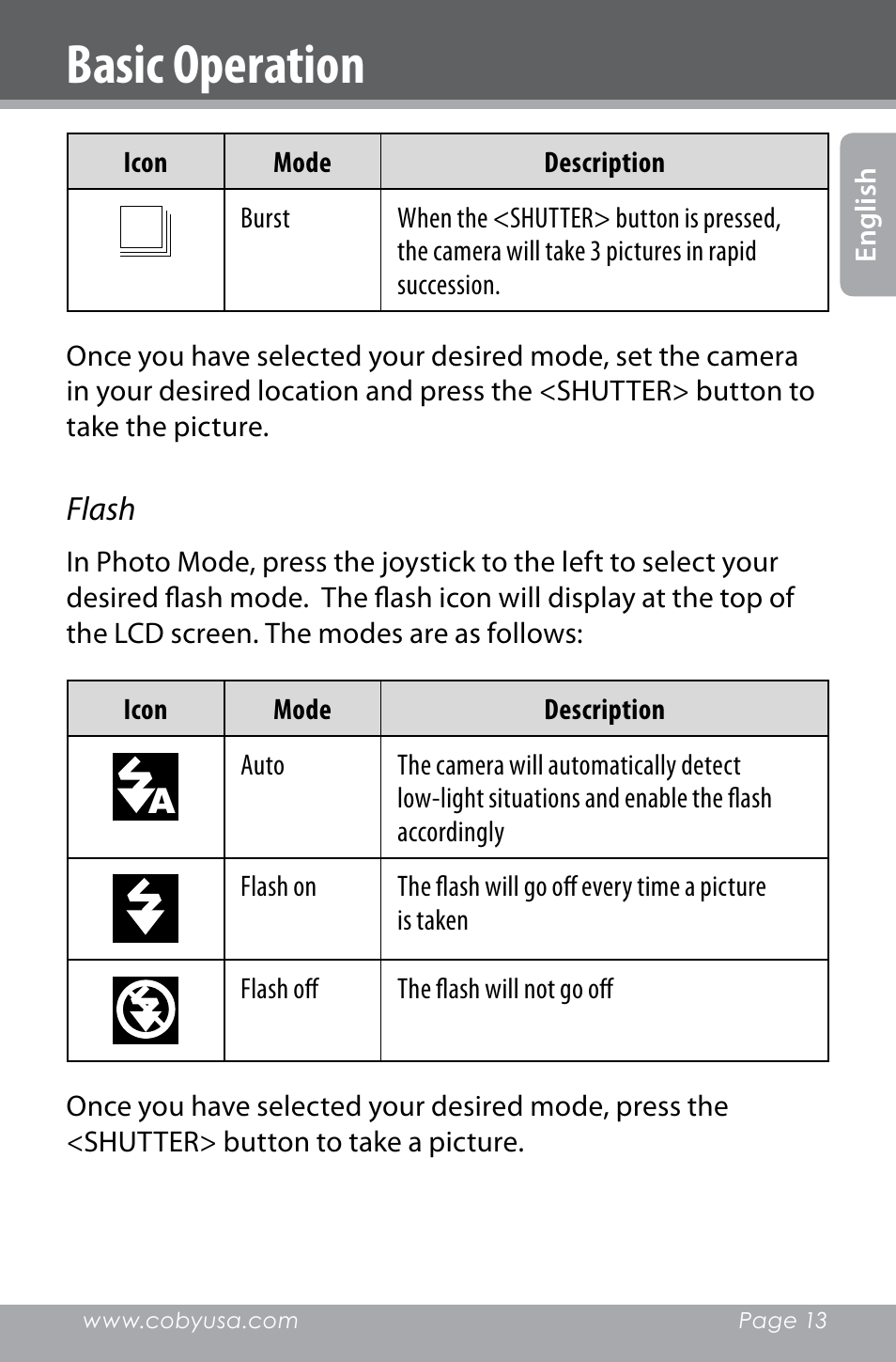 Basic operation | COBY electronic SNAPP CAM4000 User Manual | Page 13 / 120