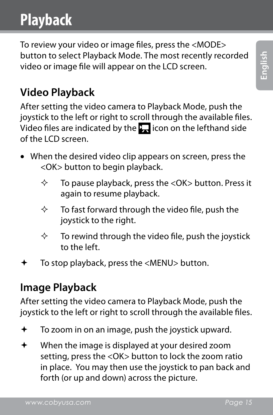 Playback, Video playback, Image playback | COBY electronic SNAPP CAM4000 User Manual | Page 15 / 120