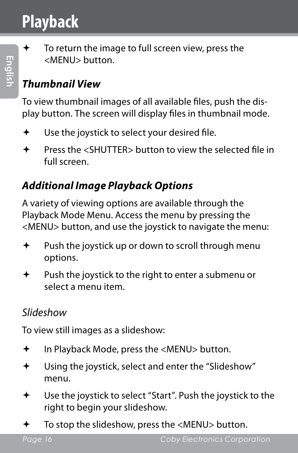 Playback | COBY electronic SNAPP CAM4000 User Manual | Page 16 / 120