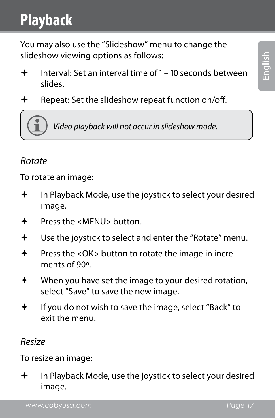 Playback | COBY electronic SNAPP CAM4000 User Manual | Page 17 / 120