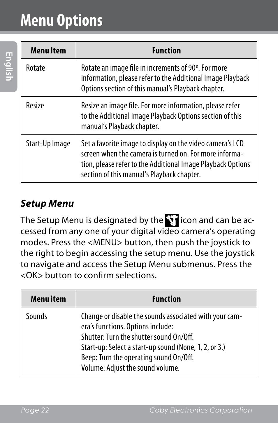 Menu options | COBY electronic SNAPP CAM4000 User Manual | Page 22 / 120