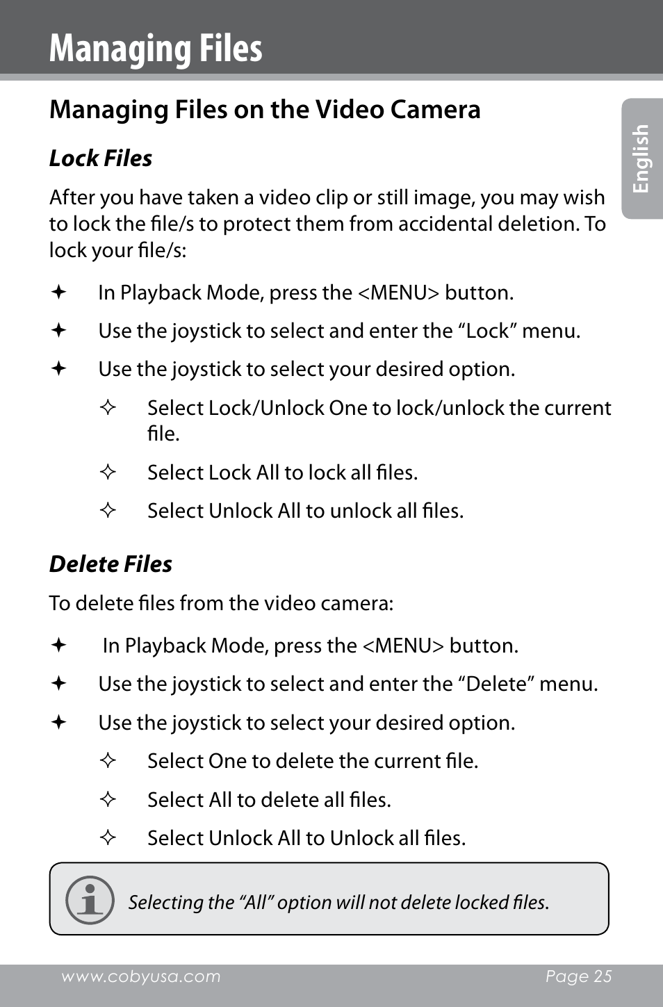 Managing files, Managing files on the video camera | COBY electronic SNAPP CAM4000 User Manual | Page 25 / 120