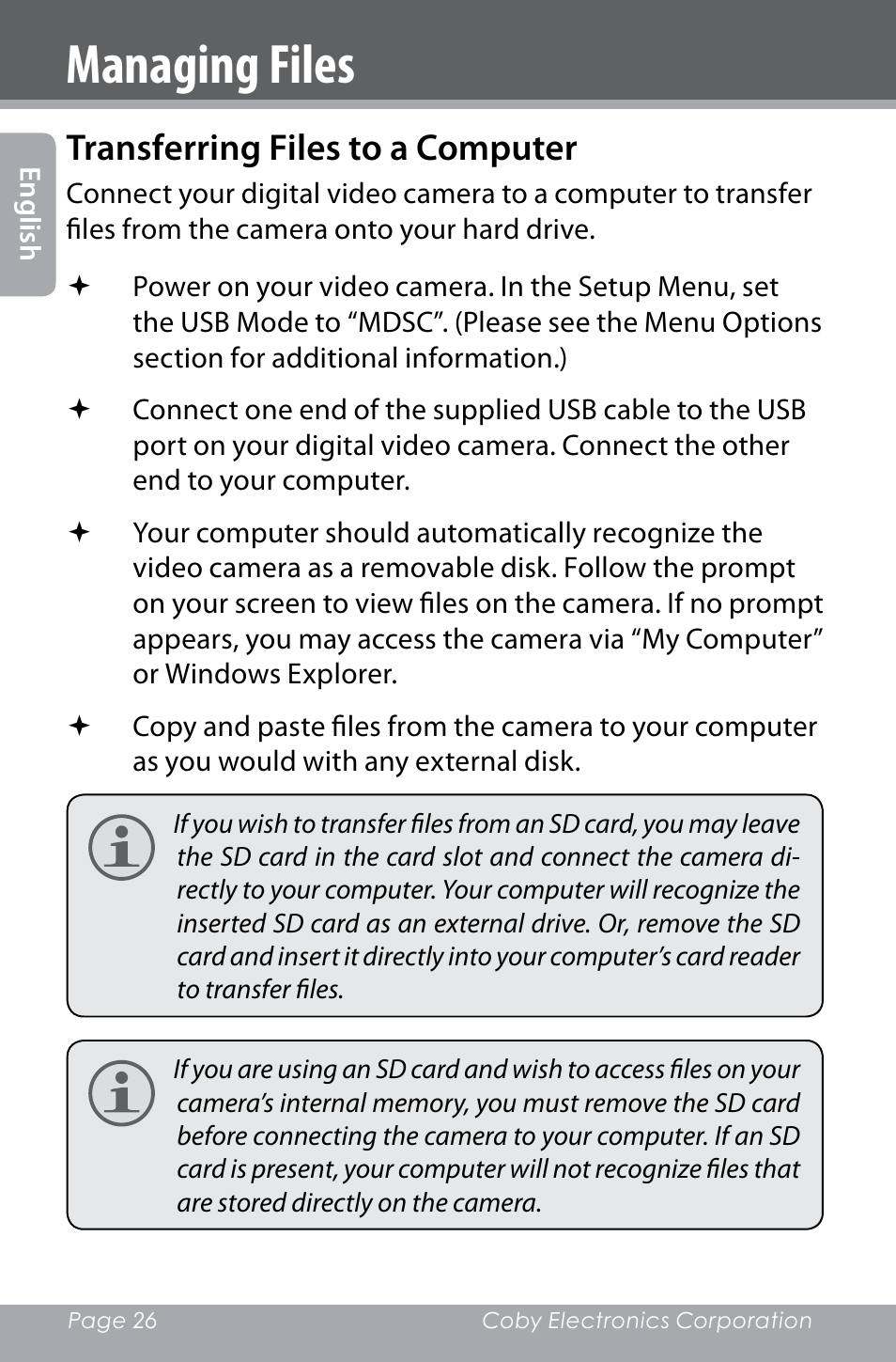Managing files, Transferring files to a computer | COBY electronic SNAPP CAM4000 User Manual | Page 26 / 120