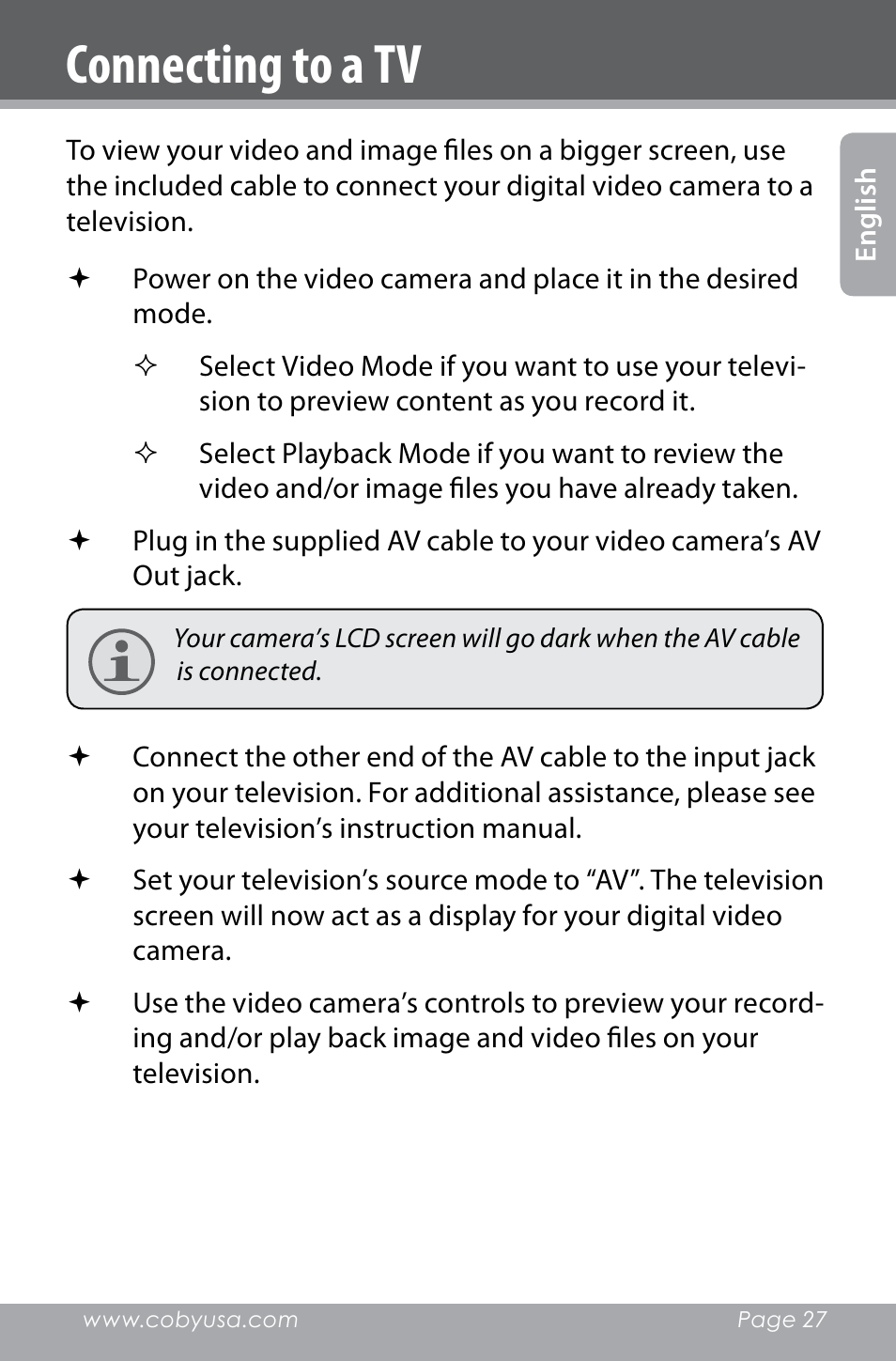 Connecting to a tv | COBY electronic SNAPP CAM4000 User Manual | Page 27 / 120