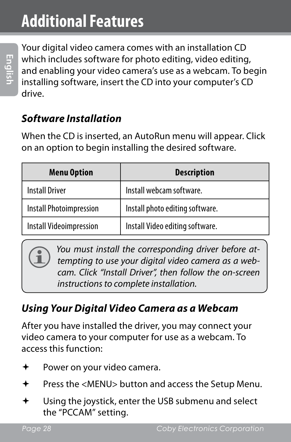 Additional features | COBY electronic SNAPP CAM4000 User Manual | Page 28 / 120