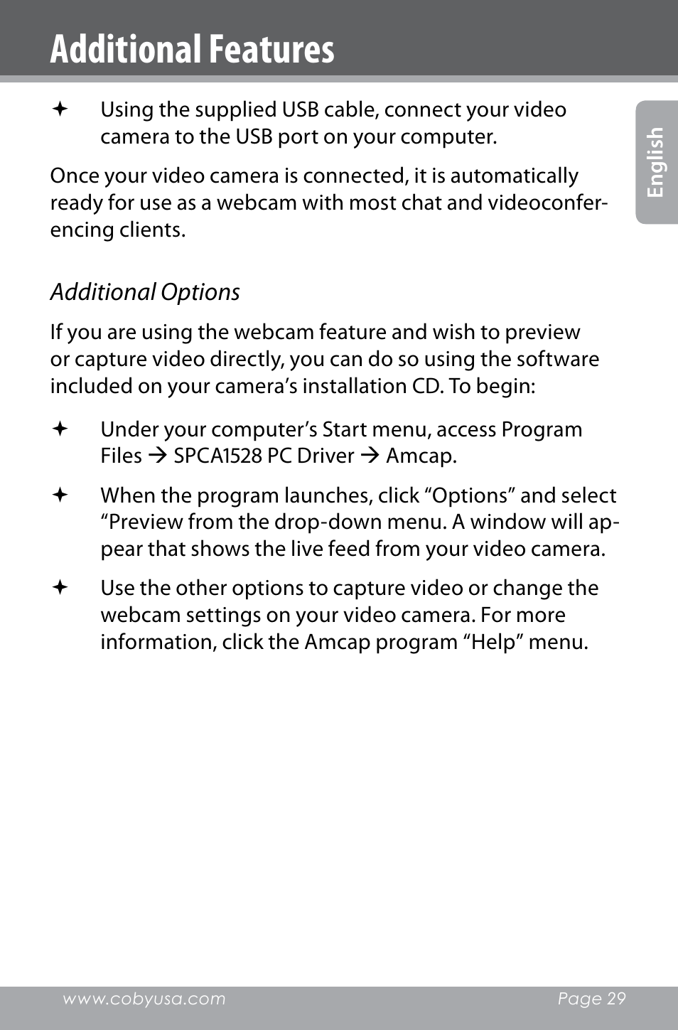 Additional features | COBY electronic SNAPP CAM4000 User Manual | Page 29 / 120