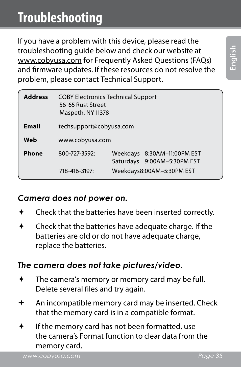 Troubleshooting | COBY electronic SNAPP CAM4000 User Manual | Page 35 / 120