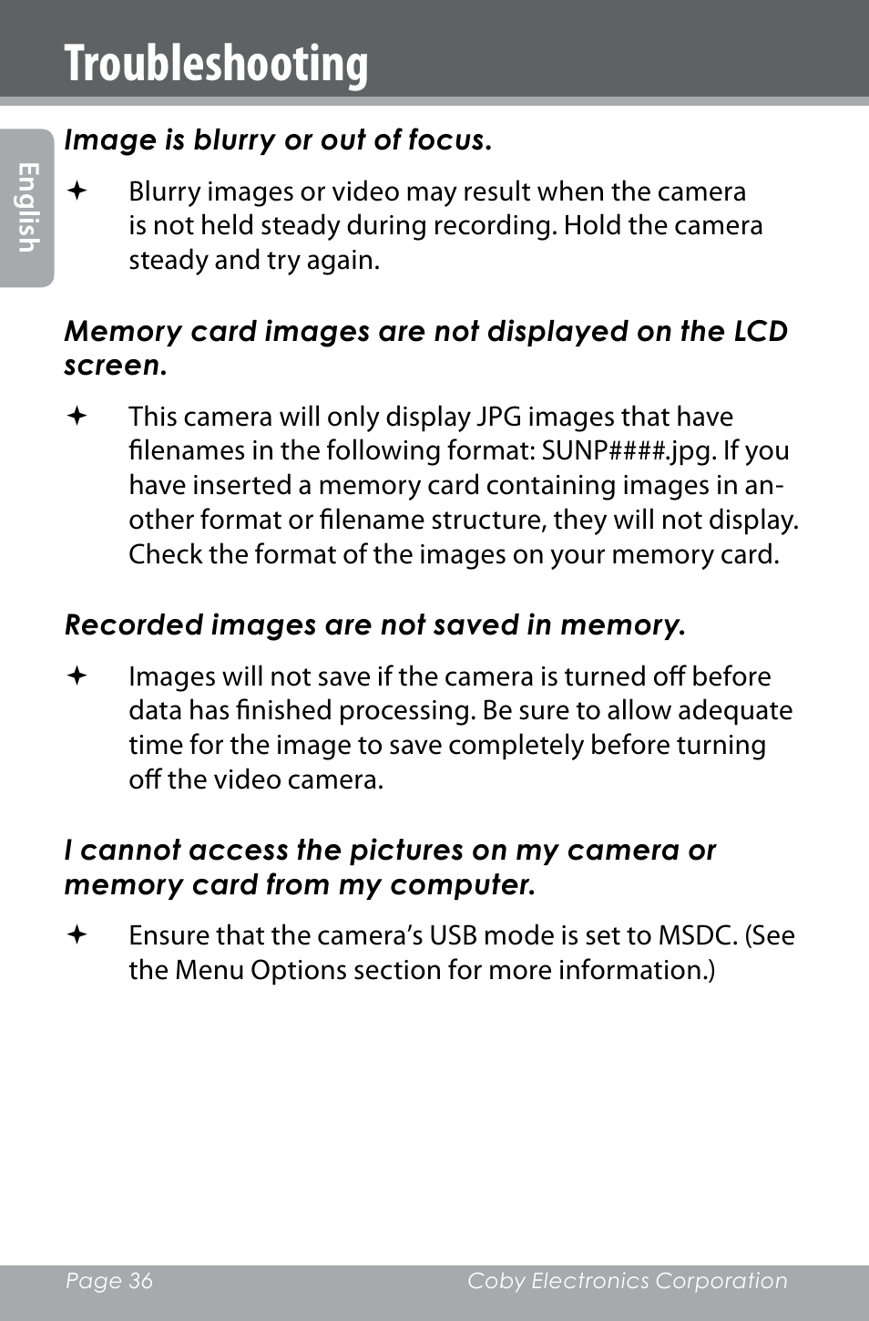 Troubleshooting | COBY electronic SNAPP CAM4000 User Manual | Page 36 / 120