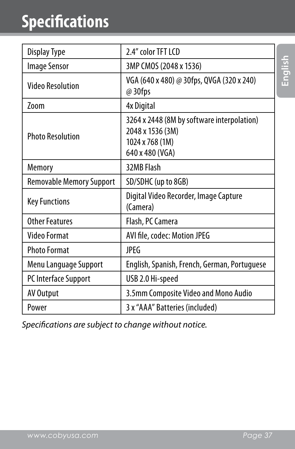 Specifications | COBY electronic SNAPP CAM4000 User Manual | Page 37 / 120