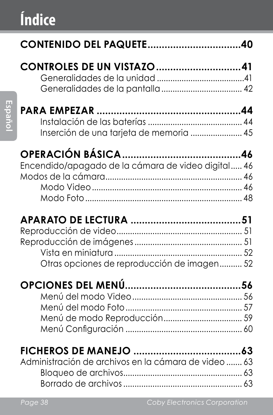 Índice | COBY electronic SNAPP CAM4000 User Manual | Page 38 / 120