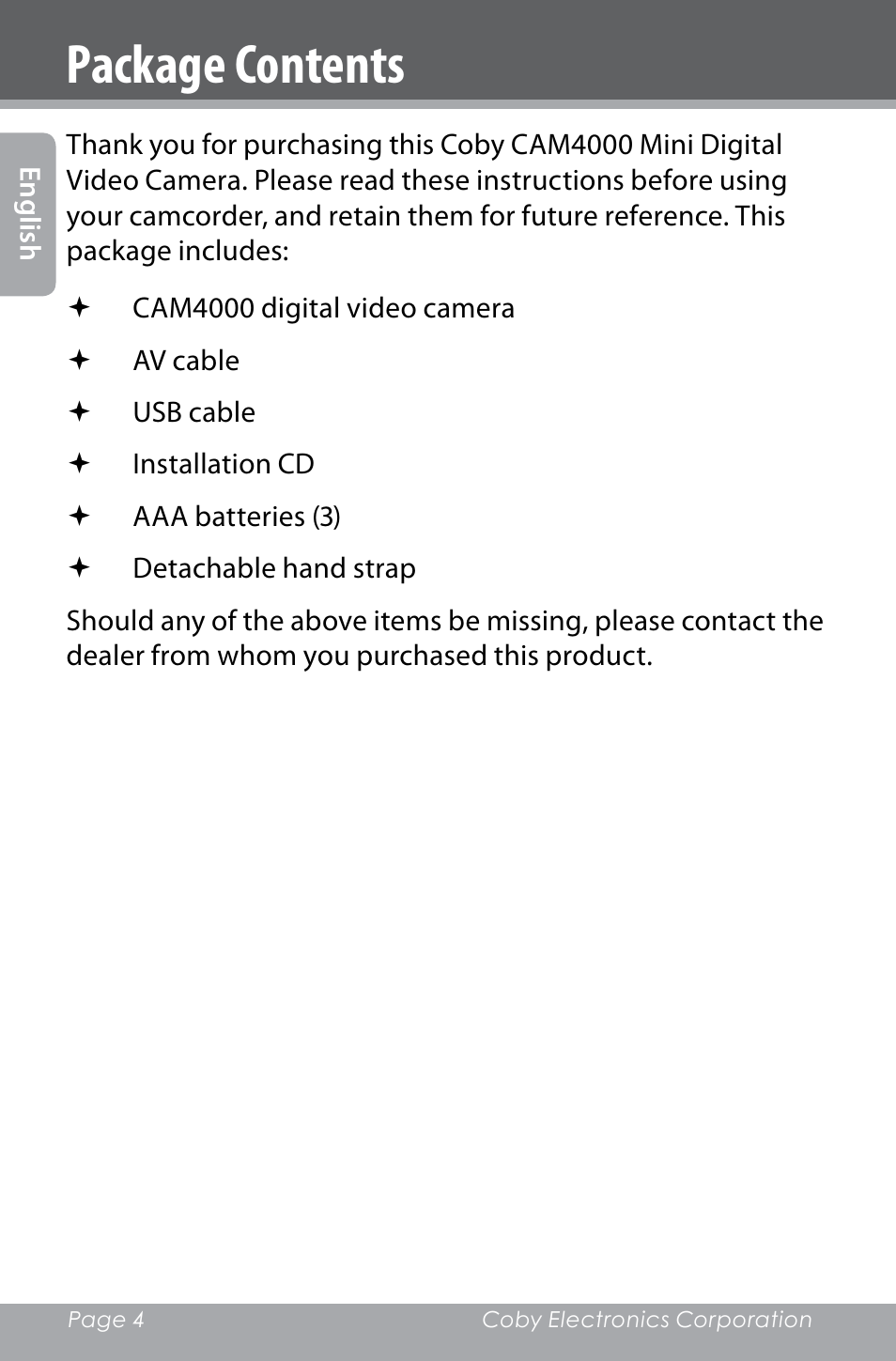 Package contents | COBY electronic SNAPP CAM4000 User Manual | Page 4 / 120