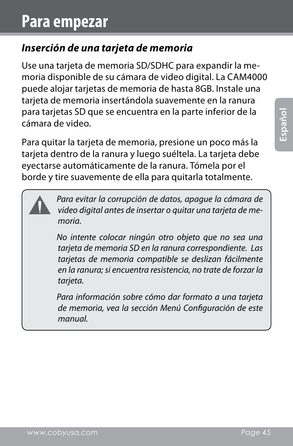 Para empezar | COBY electronic SNAPP CAM4000 User Manual | Page 45 / 120