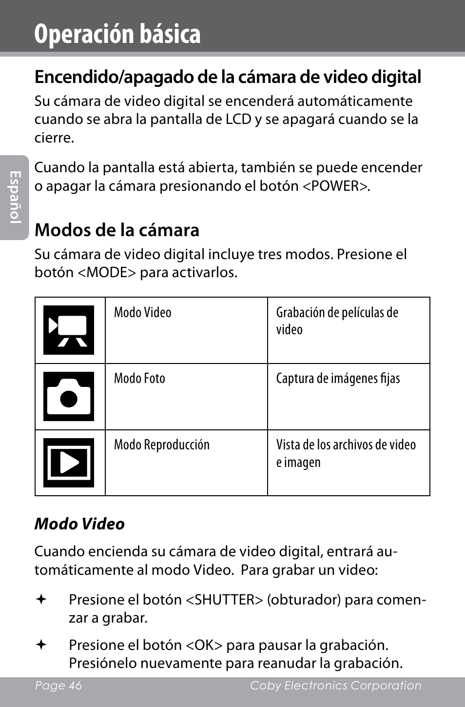 Operación básica, Encendido/apagado de la cámara de video digital, Modos de la cámara | COBY electronic SNAPP CAM4000 User Manual | Page 46 / 120
